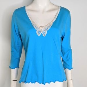 Blue Beaded Stretch Top With Beaded Butterfly M